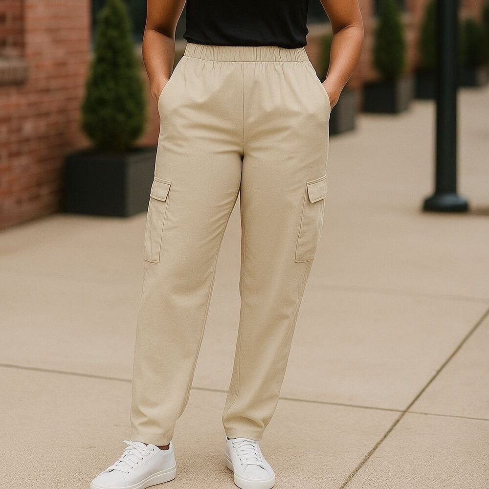 GAP LG Pants Women Cargo Pocket Elastic Waist Pull-on High-Rise Soft Twill Tan